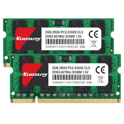 Kuesuny 4 GB Kit (2 x 2 GB) DDR2 667 MHz Sodimm Ram PC2-5300 PC2-5300S 1,8 V CL5 200 Pin 2RX8 ECC içermeyen tamponsuz dizüstü bilgisayar bellek modüllerinin yükseltilmesi