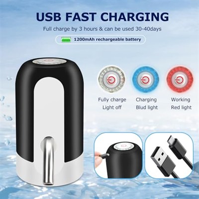 KUFUNG Taşınabilir Su Şişesi Pompası, 5 Galon Evrensel Şişe Elektrikli Su Sebili, Anahtarlı ve USB Şarjlı, Kamp, Mutfak, Atölye, Garaj (Siyah)