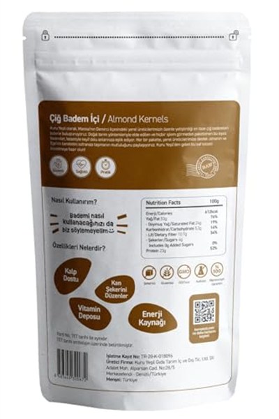 Kuru Yeşil Çiğ Badem İçi -%100 Yerli Badem - Taze, Katkısız, Sağlıklı Kuruyemiş Diyet Dostu, Protein Deposu - 250 gr