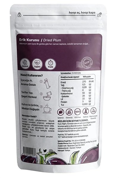 Kuru Yeşil Doğal Kuru Erik 50 gr - Şekersiz ve Katkısız, Sağlıklı Atıştırmalık, Yüksek Lifli, Vegan ve Glutensiz Kuru Meyve