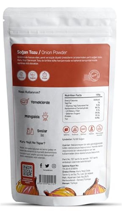 Kuru Yeşil Doğal Soğan Tozu - Katkısız, Yerli Üretim, Yoğun Aromalı, Vegan & Glutensiz Baharat - Toz Soğan Kuru Sebze Baharatı - 100 gr