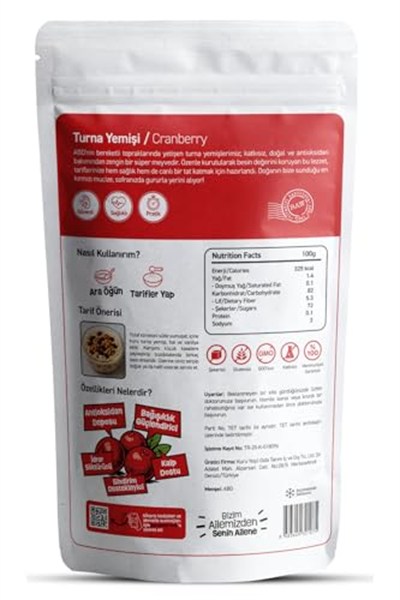 Kuru Yeşil Doğal Turna Yemişi 100 gr - Elma Suyu ile Tatlandırılmış Kurutulmuş Cranberry - Rafine Şekersiz, Katkısız ve Sağlıklı Atıştırmalık