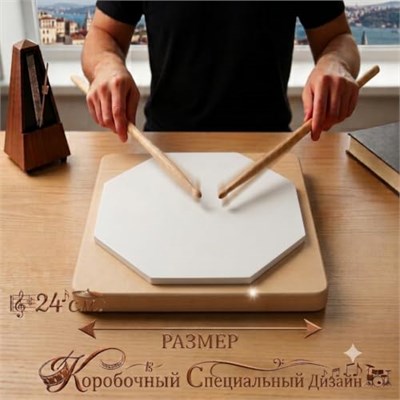 Kutulu Bateri Çalışma Antrenman Pedi - 24 cm Ahşap Tabanlı Sekizgen Bateri Çalışma Pedi, Sessiz Beyaz Kauçuk Baget Pratik Pedi