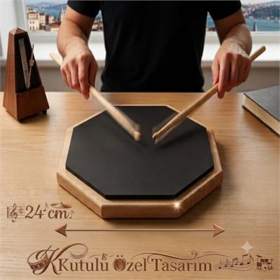 Kutulu Bateri Çalışma Antrenman Pedi - 24 cm Ahşap Tabanlı Sekizgen Bateri Çalışma Pedi, Sessiz Siyah Kauçuk Baget Pratik Pedi