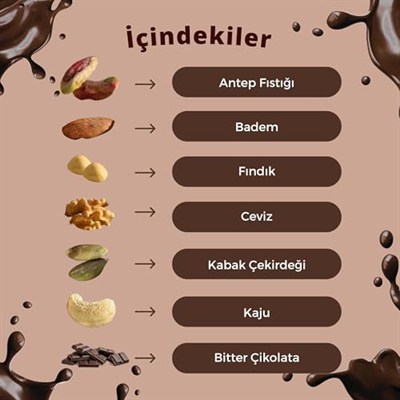 Kuvertür Çikolata Badem Kaju Ceviz Fındık Antep fıstığı Kabak Çekirdeği İçeren Besleyici Lüks Kuvertür Çikolata 130gram (Standart, Bitter Çikolata)