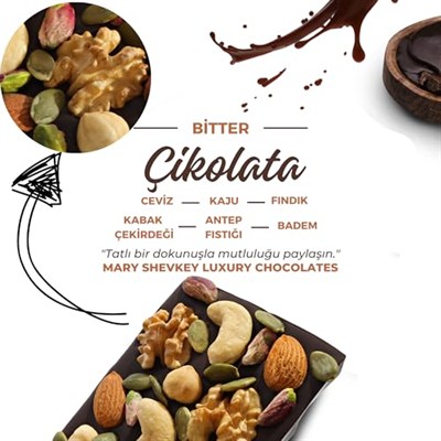 Kuvertür Çikolata Badem Kaju Ceviz Fındık Antep fıstığı Kabak Çekirdeği İçeren Besleyici Lüks Kuvertür Çikolata 130gram (Standart, Bitter Çikolata)