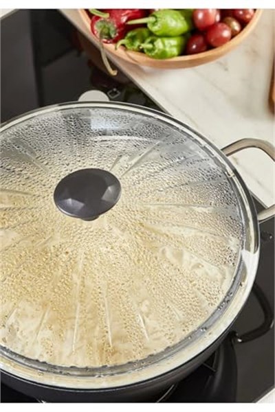 L K Laurel Kitchen Borcam Kapak Isıya Dayanıklı Tava Tencere Ve Sahan Uyumlu Tepelikli Şık Desenli 26 Cm Kapak