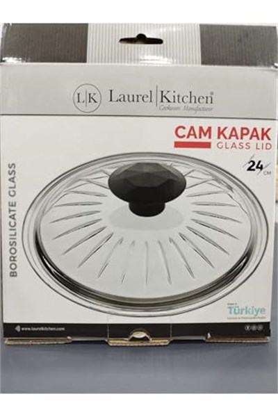 L K Laurel Kitchen Borcam Kapak Isıya Dayanıklı Tava Tencere ve Sahan Uyumlu Tepelikli Şık Desenli 24 cm Kapak