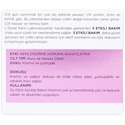L’Oréal Paris 3 Etkili Günlük Bakım Kremi Hassas Ciltler 50ml, 50 ml