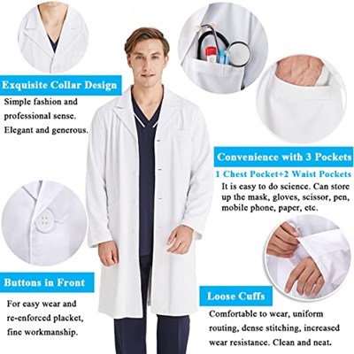 Laboratuvar önlüğü, beyaz, pamuklu, doktor önlüğü, erkek, kadın, manto, hijyen, uzun kollu, düğmeli ve 3 cepli, kimyasal önlük, okul, üniseks, laboratuvar, üniversite, iş için
