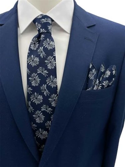 Lacivert Beyaz Motif Desen Kravat Mendil Set