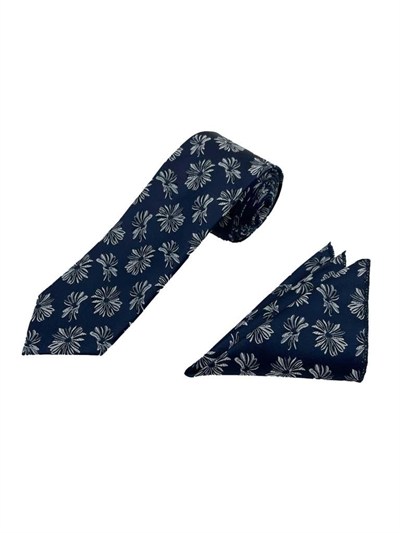 Lacivert Beyaz Motif Desen Kravat Mendil Set