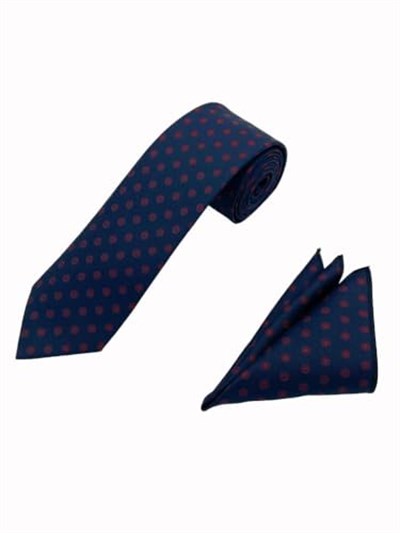 Lacivert Bordo Desenli Kravat Mendil Set
