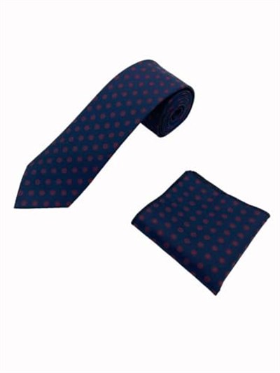 Lacivert Bordo Desenli Kravat Mendil Set