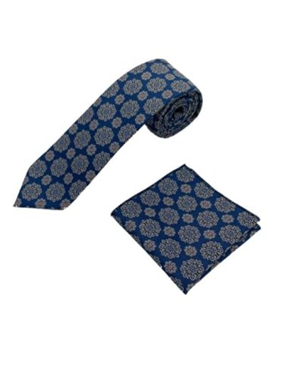 Lacivert Geometrik Desen Kravat Mendil Set