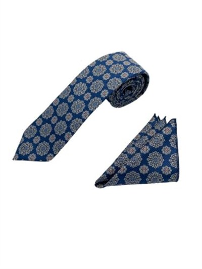 Lacivert Geometrik Desen Kravat Mendil Set