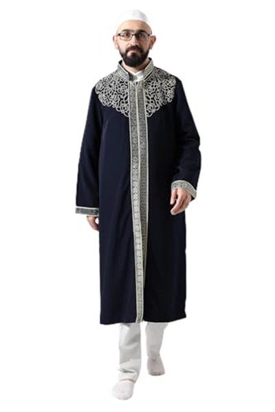 Lacivert Hakim Yaka Erkek Namaz Elbisesi Şerit Nakış İşlemeli İmam Cübbesi