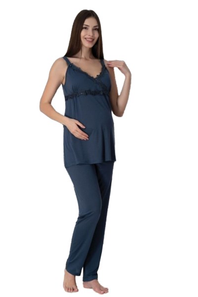 Lacivert Hamile Lohusa Emzirme Özellikli Askılı Pijama Takımı 9032, M, S9032EF-19804IGP27192887