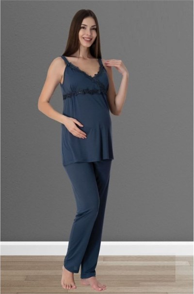 Lacivert Hamile Lohusa Emzirme Özellikli Askılı Pijama Takımı 9032, M, S9032EF-19804IGP27192887