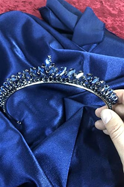 Lacivert İnce Mekik Taşlı Gelin Kına Tacı