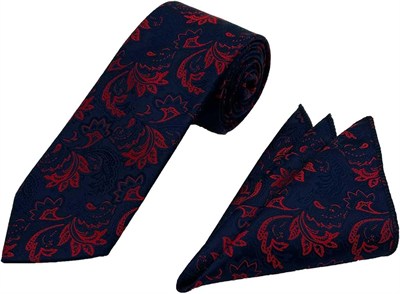 Lacivert Kırmızı Motif Desen Kravat Mendil Set