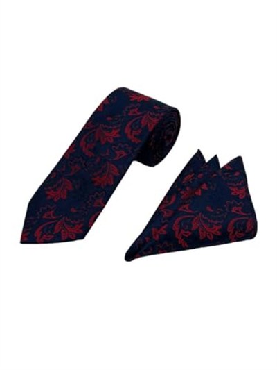 Lacivert Kırmızı Motif Desen Kravat Mendil Set