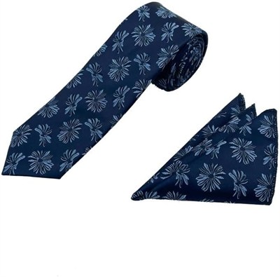 Lacivert Mavi Motif Desen Kravat Mendil Set