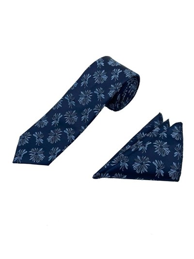 Lacivert Mavi Motif Desen Kravat Mendil Set
