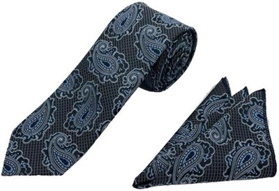 Lacivert Mavi Şal Desen Kravat Mendil Set