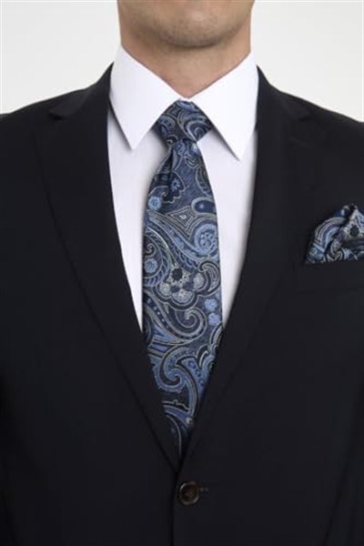 Lacivert Mavi Şal Motif Desen Kravat Mendil Set