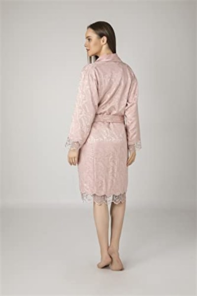 Lacivert Saten Bukle Bambu Cotton Bayan Bornozu Pudra M