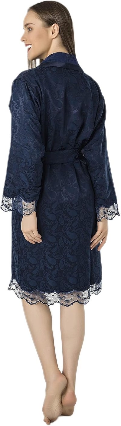 Lacivert Saten Bukle Bambu Cotton Bayan Bornozu Lacivert XXL