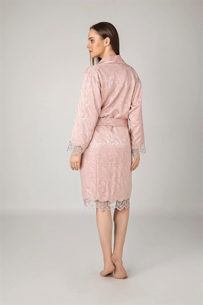 Lacivert Saten Bukle Bambu Cotton Bayan Bornozu Pudra S