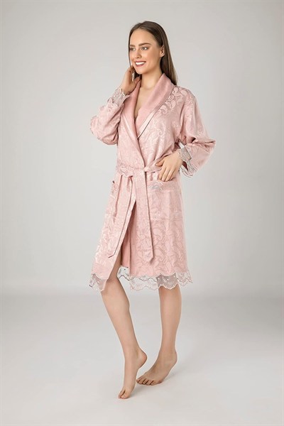 Lacivert Saten Bukle Bambu Cotton Bayan Bornozu Pudra S