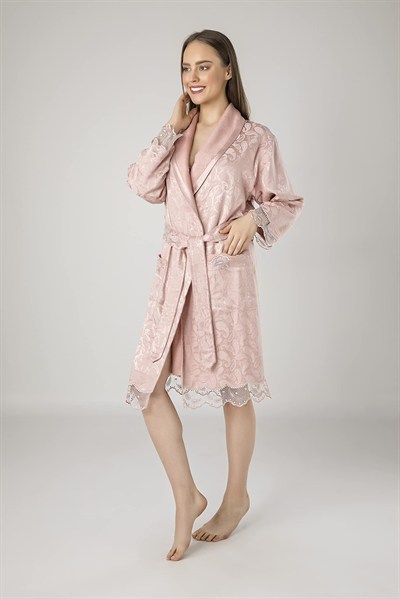Lacivert Saten Bukle Bambu Cotton Bayan Bornozu Pudra S