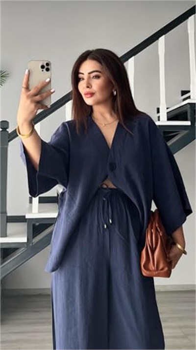 Lacivert Tek Düğme Bluz-Pantolon Takım - Bedenler: S, M