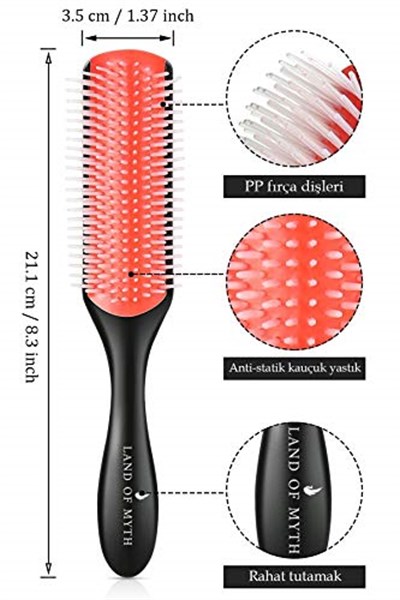 LAND OF MYTH - LOM1211 Styling Brush 9 Sıra Şekillendirme Fırçası Curly Girl Kıvırcık Kız Metodu Fırçası (Siyah)