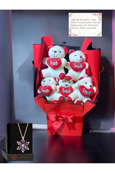 Lapidaria Kırmızı Love Ayıcık Buketi Ve Lotus Kolye, Sevgiliye Hediye, Doğum Günü Hediyesi, Özür Hediyesi,