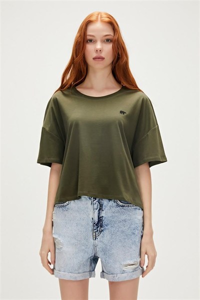 Lara Oversize T-Shirt Haki Yeşil Basic Kadın Tişört