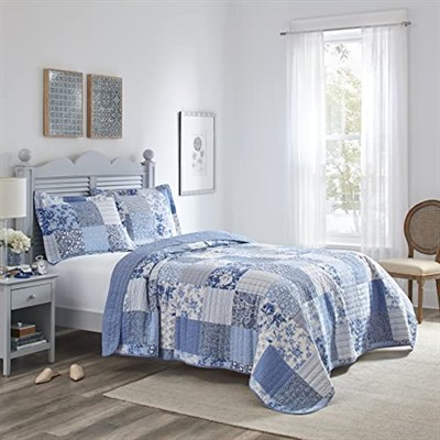 Laura Ashley Home | Yorgan Takımı - 100, Ters Çevrilebilir, Hafif ve Nefes Alabilir Yatak Takımı, Ekstra Yumuşaklık için Önceden Yıkanmış, Pamuk, Mavi, İkiz