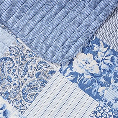 Laura Ashley Home | Yorgan Takımı - 100, Ters Çevrilebilir, Hafif ve Nefes Alabilir Yatak Takımı, Ekstra Yumuşaklık için Önceden Yıkanmış, Pamuk, Mavi, İkiz