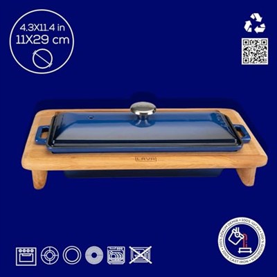 Lava Döküm Ekmek Kabı ve Ahşap Standı, 11x29cm, Mavi