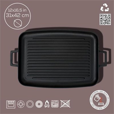 Lava Döküm Grill Tepsi, Izgara yüzeyli, Metal Kulplu, 31x42cm
