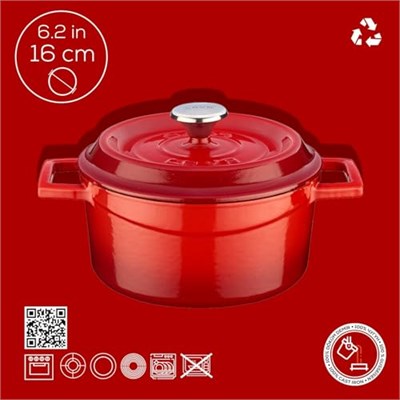 Lava Döküm Yuvarlak Tencere, Trendy, 16cm, Kırmızı