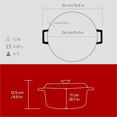 Lava Döküm Yuvarlak Tencere, Trendy, 24 cm, 4.49 L Hacim, Kırmızı