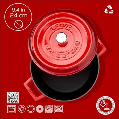 Lava Döküm Yuvarlak Tencere, Trendy, 24 cm, 4.49 L Hacim, Kırmızı