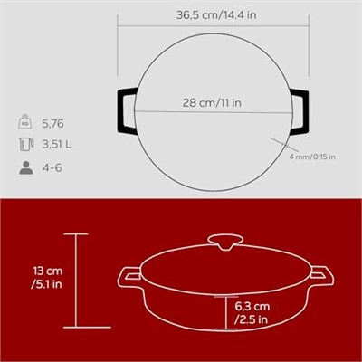 Lava Metal Döküm Çok Amaçlı Yayvan Tencere, Trendy, 28 cm, 3.51 L Hacim, Kırmızı