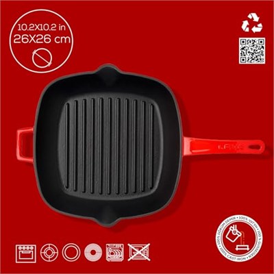 Lava Metal Döküm Izgara Tava, Metal Saplı, 26x26 cm, Kırmızı
