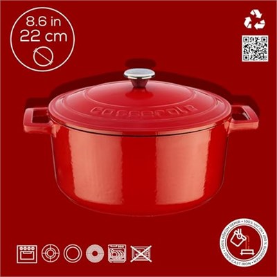 Lava Metal Döküm Yuvarlak Tencere, 22 Cm, Kırmızı - Bedenler: 20 Cm, 22 cm