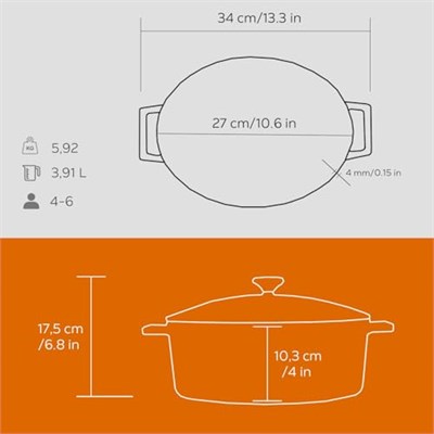 Lava Metal Oval Döküm Tencere, 27 cm, 3.91 L Hacim, Turunucu